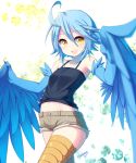  1girl :d ahoge blue_hair blue_wings blueberry_(5959) cowboy_shot feathered_wings flat_chest harpy highres looking_at_viewer midriff monster_girl monster_musume_no_iru_nichijou open_mouth papi_(monster_musume) scales short_hair short_shorts shorts signature smile solo tank_top wings yellow_eyes 