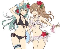  2girls alternate_costume aqua_hair ball beachball bikini black_bikini brown_eyes brown_hair flower garters hair_flower hair_ornament hairclip heart jewelry kantai_collection kumano_(kantai_collection) long_hair looking_at_viewer madogawa midriff multiple_girls navel necklace one_eye_closed ponytail salute smile suzuya_(kantai_collection) swimsuit white_background white_bikini white_swimsuit wrist_scrunchie 