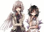  2girls angel_wings arm_rest biting_finger black_hair bow bracelet brooch brown_jacket covering_mouth cowboy_shot dress feathered_wings hisona_(suaritesumi) horns jacket jewelry kijin_seija kishin_sagume long_sleeves looking_at_another mimicking multicolored_hair multiple_girls one_eye_closed purple_dress red_eyes redhead short_hair short_sleeves silver_hair single_wing streaked_hair touhou white_background white_dress white_hair white_wings wings 