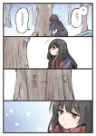  1girl 4koma black_hair bruise comic commentary_request gloves injury jacket long_hair mikkii original scarf snow translation_request tree 