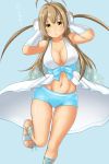  1girl amagi_brilliant_park breasts brown_eyes brown_hair cleavage cosplay finalcake highres long_hair sento_isuzu shorts sylphy_(amaburi) sylphy_(amaburi)_(cosplay) two_side_up 