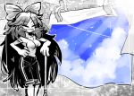  1girl :d alternate_costume bow casual closed_eyes clothes clothesline clouds fang large_bow laundry long_hair monochrome no_wings open_mouth pants pants_rolled_up reiuji_utsuho sky sleeves_rolled_up smile sparkle touhou yt_(wai-tei) 