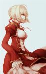  1girl blonde_hair breasts cleavage dress fate/extra fate_(series) green_eyes hair_ribbon labombardier! ribbon saber_extra short_hair solo 