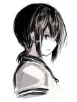  1girl fubuki_(kantai_collection) kantai_collection looking_away looking_to_the_side monochrome payot school_uniform serafuku short_hair short_ponytail short_sleeves sideways_mouth simple_background solo sumisu_(mondo) upper_body white_background 