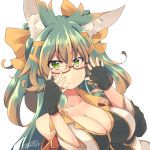  1girl animal_ears breasts cleavage fingerless_gloves glasses gloves green_eyes kuromiya kuromiya_raika long_hair multicolored_hair original solo two-tone_hair 