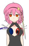  amber_eyes anger_vein angry black_swimsuit breast_padding cleavage_cutout excel_(shena) flat_gaze front_zipper_swimsuit hairband heart komeiji_satori looking_at_viewer one-piece_swimsuit pink_hair staring swimsuit third_eye touhou translation_request unamused unzipped upper_body 