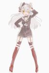  1girl ;d agu amatsukaze_(kantai_collection) blonde_hair fang full_body garter_straps hand_on_hip hat kantai_collection long_hair looking_at_viewer one_eye_closed open_mouth red_legwear silver_hair simple_background smile solo thigh-highs twintails v white_background 