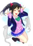  1girl :d \m/ ama_mitsuki black_hair blazer blush bow cardigan cat double_\m/ hair_bow looking_at_viewer love_live!_school_idol_project nico_nico_nii one_eye_closed open_mouth red_eyes school_uniform short_hair skirt sleeves_past_wrists smile solo sweater twintails yazawa_nico 