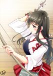  1girl akagi_(kantai_collection) arrow blush bow_(weapon) breasts brown_eyes brown_hair chize gloves japanese_clothes kantai_collection long_hair muneate single_glove weapon 