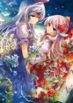  2girls absurdres blue_hair bow cover flower fruit_punch fujiwara_no_mokou hair_bow hat highres kamishirasawa_keine long_hair multiple_girls orange_eyes photoshop rose silver_hair touhou 