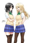  2girls atago_(kantai_collection) black_hair black_legwear blonde_hair bowtie brown_eyes contemporary contrapposto crossed_arms dated green_eyes hair_between_eyes hand_on_hip highres kantai_collection looking_at_viewer love_live!_school_idol_project multiple_girls pantyhose plaid plaid_skirt pleated_skirt school_uniform signature simple_background skirt smile tachibana_roku takao_(kantai_collection) thigh-highs vest white_background 