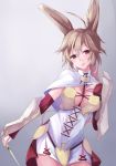  1girl animal_ears breasts brown_hair kazasuzu looking_at_viewer nashetania_loei_piena_augustra rabbit_ears red_eyes rokka_no_yuusha smile solo 