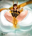  2girls bare_shoulders breasts brown_hair cleavage cleavage_cutout close-up closed_eyes crossover dc_comics elbow_gloves gloves large_breasts marvel minigirl multiple_girls power_girl short_hair sitting smile toothy_(artist) wasp_(marvel) 