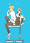  1boy 1girl black_dress black_legwear blonde_hair blue_eyes brown_eyes brown_hair comic dress fujisaki_yuu kneehighs monochrome_background necktie original pants pout red_necktie school_desk school_uniform shirt shoes short_hair smile student white_shirt white_shoes 