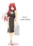  1girl bare_hips black_eyes blush breasts china_dress chinese_clothes cleavage cleavage_cutout earrings full_body happy_birthday highres jewelry kousaka_tamaki large_breasts long_hair redhead side_slit simple_background solo standing to_heart_2 very_long_hair white_background zekkyon 