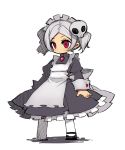  1girl apron black_dress black_shoes bloody_marie_(skullgirls) dress frilled_apron frills full_body hair_ornament hungr long_sleeves maid_apron maid_headdress mary_janes pantyhose red_eyes shoes short_hair silver_hair skull skull_hair_ornament skullgirls solo standing twintails white_legwear 