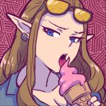  1girl akairiot blue_eyes breasts brown_hair casual cleavage earrings ice_cream_cone jewelry licking long_hair lowres pointy_ears princess_zelda solo sunglasses sunglasses_on_head super_smash_bros. the_legend_of_zelda twilight_princess 