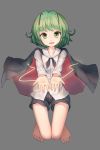  1girl antennae barefoot cape full_body green_eyes green_hair grey_background highres long_sleeves looking_at_viewer open_mouth outstretched_arms shirt shone short_hair shorts simple_background smile solo touhou wriggle_nightbug 