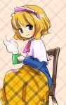  1girl alice_margatroid ascot blanket blonde_hair blue_eyes capelet cup from_side mug plaid plaid_background sitting sketch solo steam tona_(nekotte) touhou 