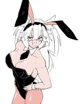  1girl breasts bunny_tail bunnysuit dark_skin glasses hands_on_hips ikeshita_moyuko kantai_collection large_breasts monochrome musashi_(kantai_collection) necktie pantyhose short_hair tail two_side_up white_hair wrist_cuffs 