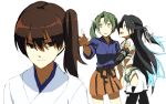  3girls :d black_hair blue_eyes brown_eyes brown_hair brown_skirt green_eyes green_hair hair_ribbon japanese_clothes kaga_(kantai_collection) kantai_collection katsuragi_(kantai_collection) long_hair looking_at_another multiple_girls open_mouth remodel_(kantai_collection) ribbon shirubaburu side_ponytail simple_background skirt smile thigh-highs twintails white_background white_ribbon zuikaku_(kantai_collection) 