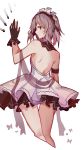  1girl akira_(ying) alternate_costume backless_outfit black_gloves danmaku dress flat_gaze from_behind gloves highres izayoi_sakuya looking_at_viewer looking_back maid_headdress short_dress short_hair silver_dress silver_hair solo touhou 