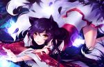  1girl ahri animal_ears detached_sleeves fox_ears fox_tail league_of_legends long_hair looking_at_viewer nail_polish orange_eyes parted_lips purple_hair solo squadra tail top-down_bottom-up 