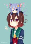  2girls :o animal_ears blue_eyes cat_ears cat_tail chibi gradient_eyes gradient_hair hair_ornament heart kantai_collection kemonomimi_mode multicolored_eyes multicolored_hair multiple_girls mutsuki_(kantai_collection) nagasioo neckerchief purple_hair red_eyes redhead remodel_(kantai_collection) school_uniform tail tail_wagging twitter_username yayoi_(kantai_collection) 