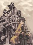  1girl belt black_hair brown_eyes gears goggles gun handgun hat kino kino_no_tabi machinery pistol solo source_request tanaka_(cow) weapon 