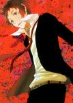  adachi_tooru black_hair formal high_collar hijiri_ruka jacket necktie open_clothes open_jacket persona persona_4 persona_4:_dancing_all_night red_background short_hair solo suit 