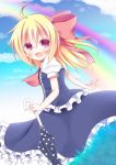  1girl blonde_hair blue_sky closed_umbrella clouds esureki fang hair_ribbon looking_at_viewer open_mouth puffy_short_sleeves puffy_sleeves rainbow red_eyes ribbon rumia shirt short_sleeves skirt skirt_set sky smile solo touhou umbrella vest 