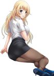  1girl atago_(kantai_collection) blonde_hair blue_eyes blush brown_legwear female from_behind high_heels kantai_collection long_hair looking_at_viewer looking_back no_hat office_lady pantyhose parted_lips pencil_skirt sakiyamama simple_background skirt solo very_long_hair white_background 