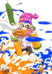  1girl backpack bag beanie bike_shorts full_body hat inkling long_hair mask orange_eyes orange_hair paint_splatter pointy_ears shoes sneakers solo splatoon super_soaker taka-michi tentacle_hair track_jacket 