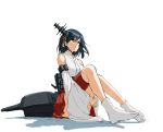  1girl bare_shoulders black_hair detached_sleeves hair_ornament kantai_collection long_sleeves machinery nontraditional_miko red_eyes red_skirt shirubaburu short_hair simple_background sitting skirt solo turret white_background yamashiro_(kantai_collection) 