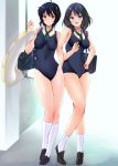  2girls amasora_taichi bag black_hair blue_eyes breasts highres large_breasts looking_at_viewer multiple_girls open_mouth original red_eyes school_swimsuit shoulder_bag swimsuit 