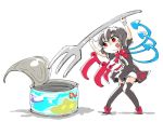  1girl asymmetrical_wings black_hair can dress fork houjuu_nue minigirl red_eyes shinapuu short_hair smile solo tongue tongue_out touhou wings 