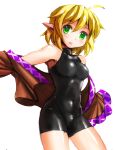  1girl ahoge bare_shoulders bodysuit covered_navel green_eyes mizuhashi_parsee mono_(moiky) open_clothes open_mouth open_shirt pointy_ears shirt smile solo touhou undressing 