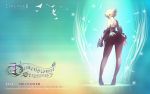  1girl armor bare_back bare_shoulders bird blonde_hair calendar copyright_name dove ertheia fantasy feathers from_behind gauntlets highres lineage lineage_2 miniskirt pointy_ears shaded_face short_hair skirt smile tattoo wallpaper 