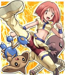  1girl boots chigusa_(pokemon) crop_top hitmonlee hitmontop kicking looking_at_viewer midriff navel open_mouth pink_hair pokemoa pokemon pokemon_(anime) pokemon_(creature) short_hair shorts thigh-highs thigh_boots wristband 