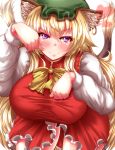  1girl animal_ears blonde_hair blush bow breasts cat_ears cat_tail chen_(cosplay) commentary_request ear_piercing heart highres jewelry large_breasts long_hair long_sleeves looking_at_viewer mob_cap multiple_tails paw_pose piercing red_eyes shirt single_earring smile solo tail touhou very_long_hair violet_eyes yakumo_yukari zan_(harukahime) 