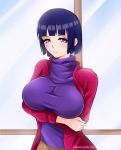  1girl adult black_hair blush breast_hold breasts casual crossed_arms evil-dei highres hyuuga_hinata large_breasts naruto short_hair solo turtleneck violet_eyes 