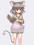  1girl ahoge animal_ears blush collarbone dress frilled_dress frills grey_hair highres jewelry mouse_ears mouse_tail nazrin necklace nibi red_eyes simple_background solo tail touhou 