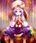  1girl absurdres angel_beats! baggy_pants basket crescent flute goto_p highres indian_clothes instrument long_hair looking_at_viewer ophiuchus_(zodiac) pants print_pants silver_hair snake snake_charmer star_print tachibana_kanade turban yellow_eyes 