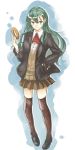  1girl absurdres ascot brown_legwear coat doughnut food full_body green_eyes green_hair highres kantai_collection loafers long_hair looking_to_the_side school_uniform shoes skirt smile solo suzuya_(kantai_collection) sweater sy-l-via tagme thigh-highs zettai_ryouiki 