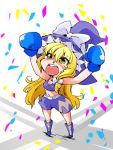  1girl alternate_costume arms_up blonde_hair bow boxing_gloves braid confetti hair_bow hat kirisame_marisa long_hair open_mouth ribbon shinapuu shorts smile solo sports_bra tears touhou witch_hat yellow_eyes 
