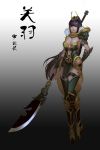  1girl armor bikini_armor breasts cleavage collarbone full_body gauntlets gradient gradient_background greaves grey_background hand_on_hip highres holding kalata large_breasts long_hair looking_at_viewer naginata polearm purple_hair red_eyes solo standing weapon 
