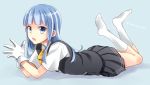  1girl blue_background blue_eyes blue_hair gloves hatsukaze_(kantai_collection) kantai_collection kneehighs kubyou_azami long_hair looking_at_viewer lying on_stomach open_mouth pleated_skirt school_uniform simple_background skirt solo twitter_username white_gloves white_legwear 