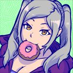  1girl akairiot breasts brown_eyes casual cleavage doughnut female fire_emblem fire_emblem:_kakusei food food_in_mouth hood_down hoodie long_hair lowres mouth_hold my_unit silver_hair solo super_smash_bros. twintails 