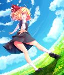  1girl blonde_hair blue_sky clouds fisheye grass hair_ribbon legs long_sleeves oimo_(imoyoukan) open_mouth pink_eyes ribbon rumia shirt skirt skirt_set sky smile solo touhou upskirt vest 