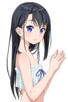  1girl bare_shoulders black_hair blue_eyes hands_together kimagure_blue lips long_hair looking_at_viewer simple_background smile solo strapless tubetop white_background 